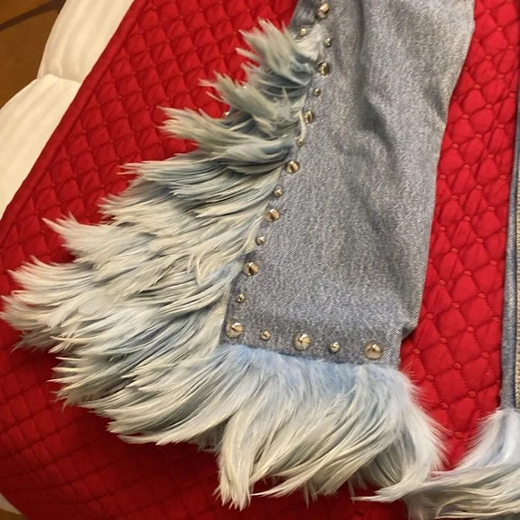 Vintage Levi’s redesign by Charlotte f with real feather detail o de legs sides